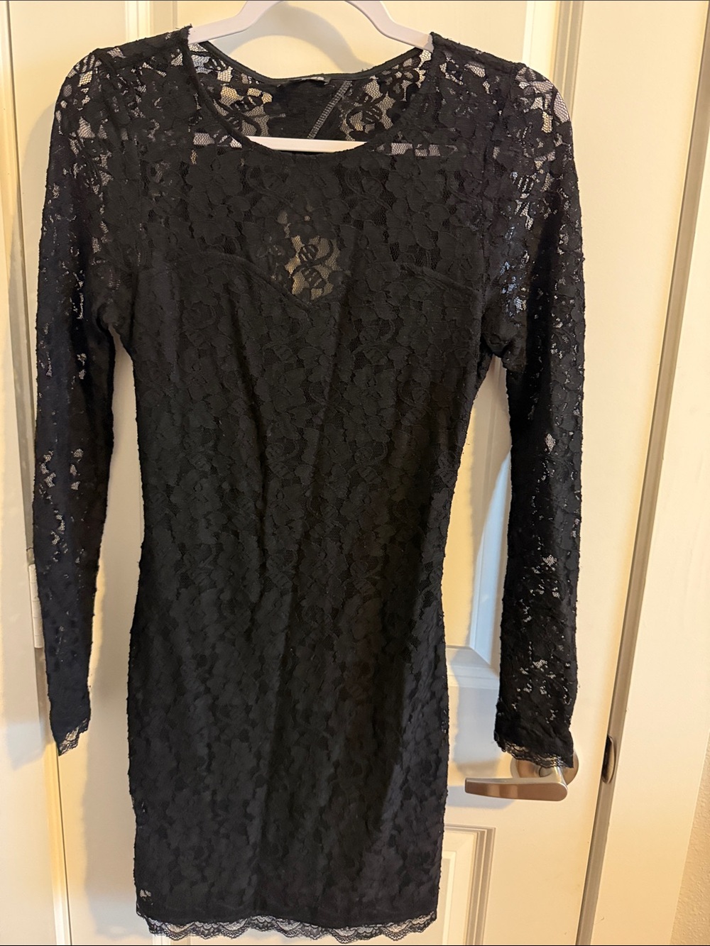 Express Black Lace Long-Sleeve Dress. Open back.